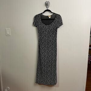 1990s Vintage S black white short sleeve maxi dress floral embossed cute goth